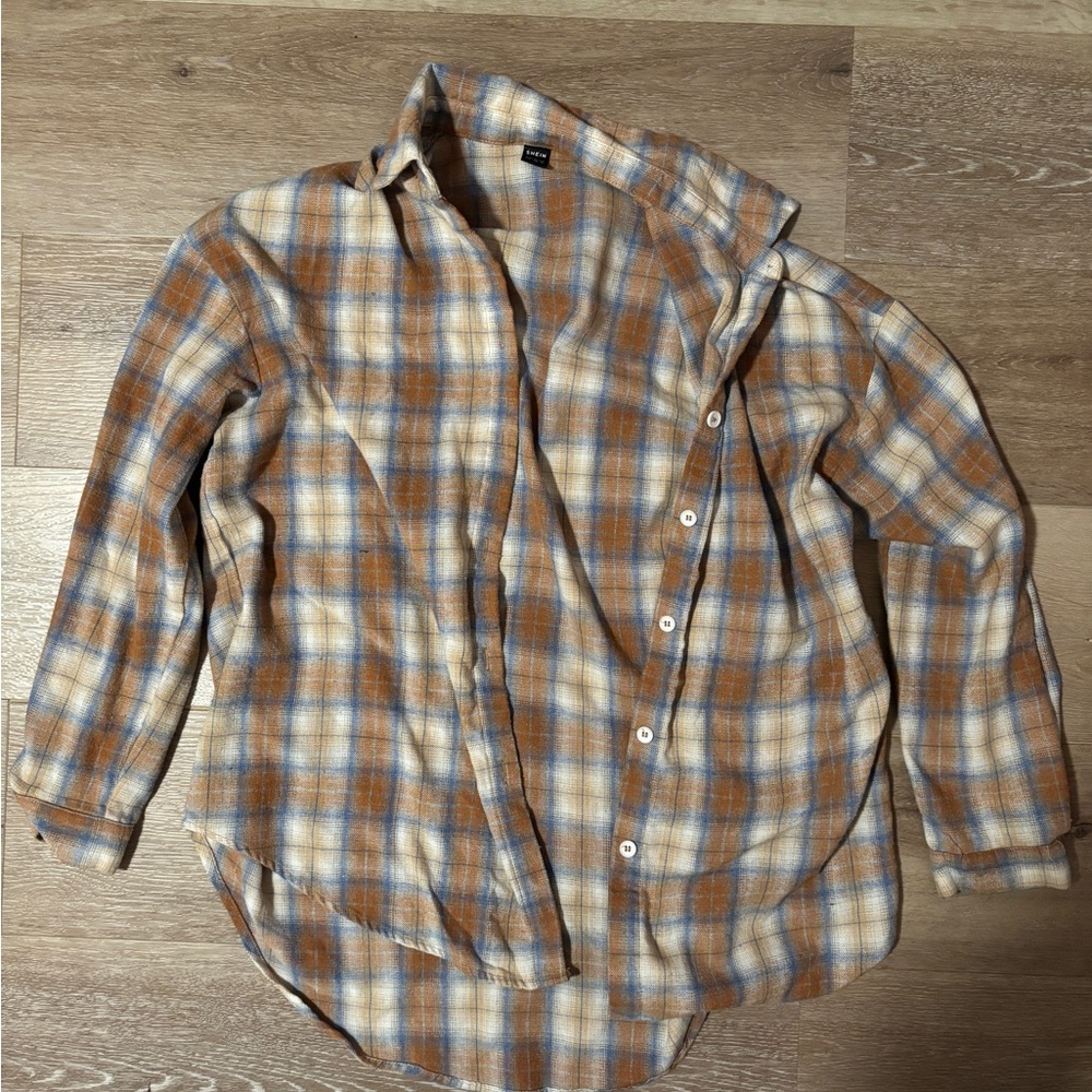 SHEIN Tan, Burnt Orange, Blue & White Oversized Flannel – Size Medium